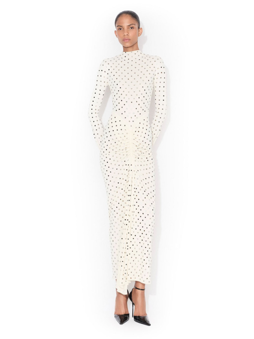 White Gathered Crystal-embellished Jersey Midi Dress