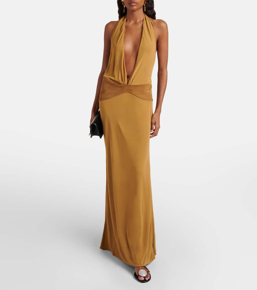 Suede-trimmed jersey gown