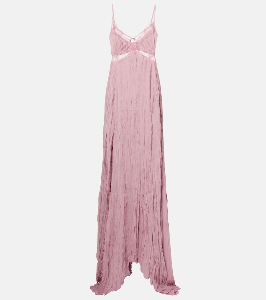 Lace-trimmed plissé georgette gown