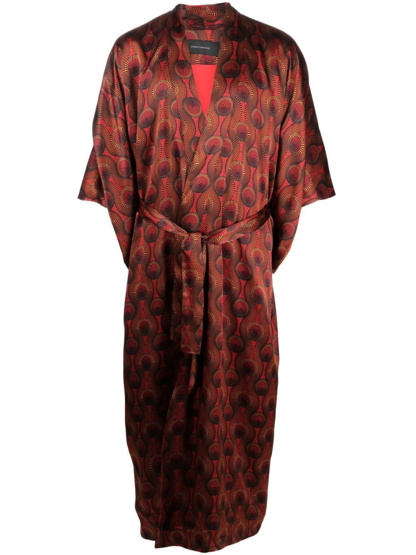Red Printed Silk Long Kimono