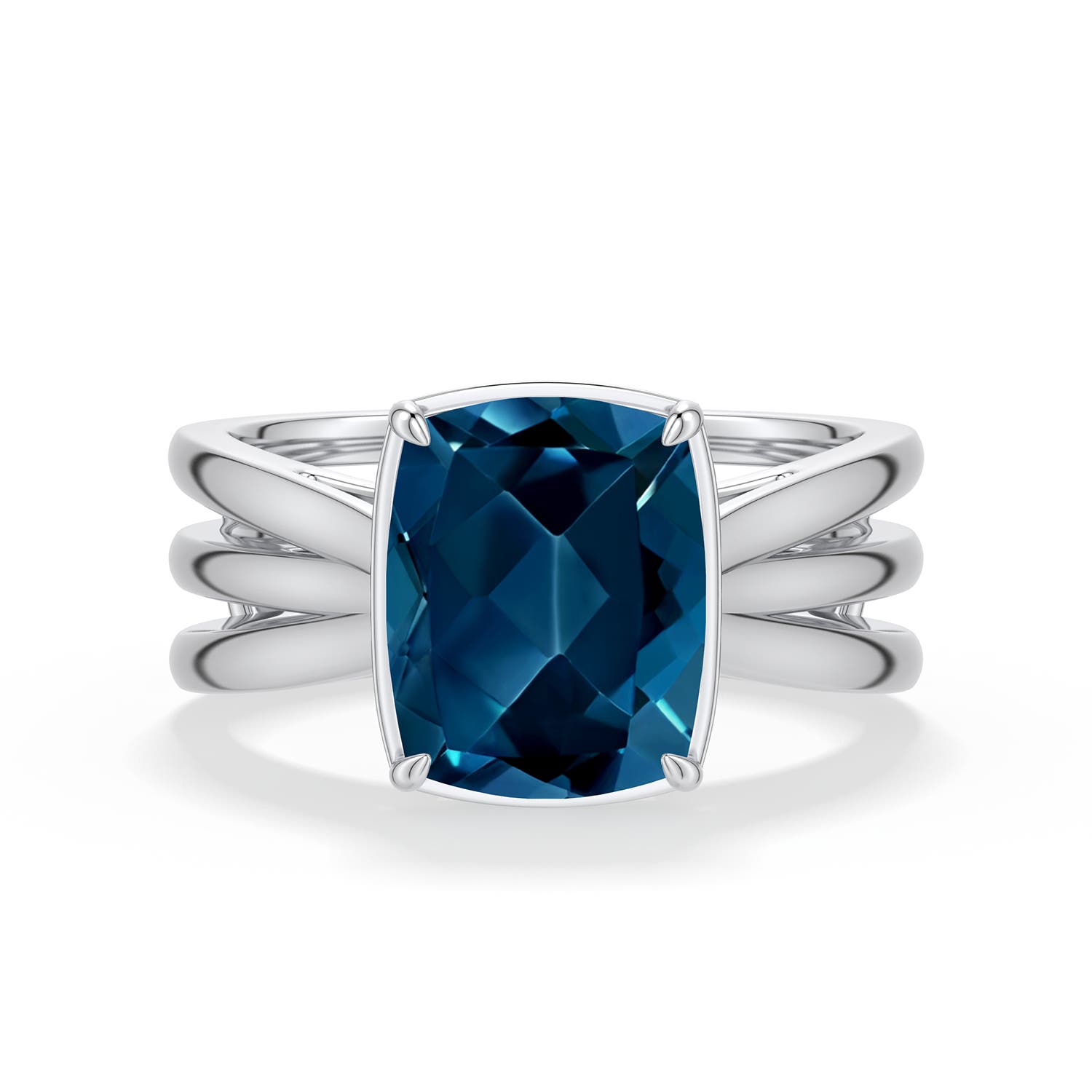 Angara 3.2 CTW Cushion Rectangular London Blue Topaz Triple Split Shank Ring in Silver
