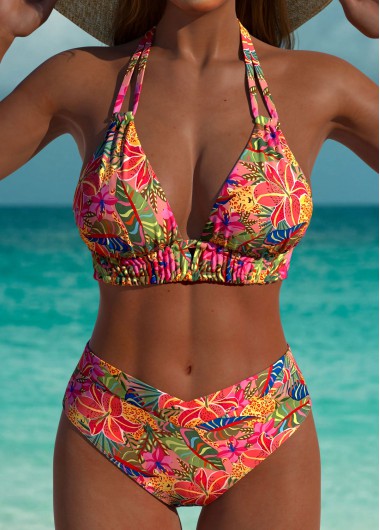 Modlily Mid Waisted Tropical Plants Print Pink Bikini Set