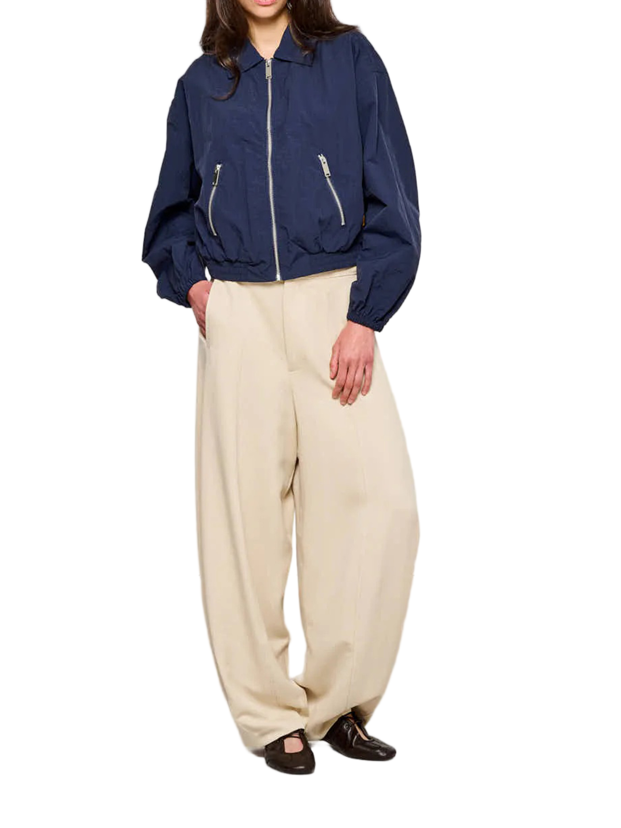 Cropped Bomber Jacket with Zippered Pockets