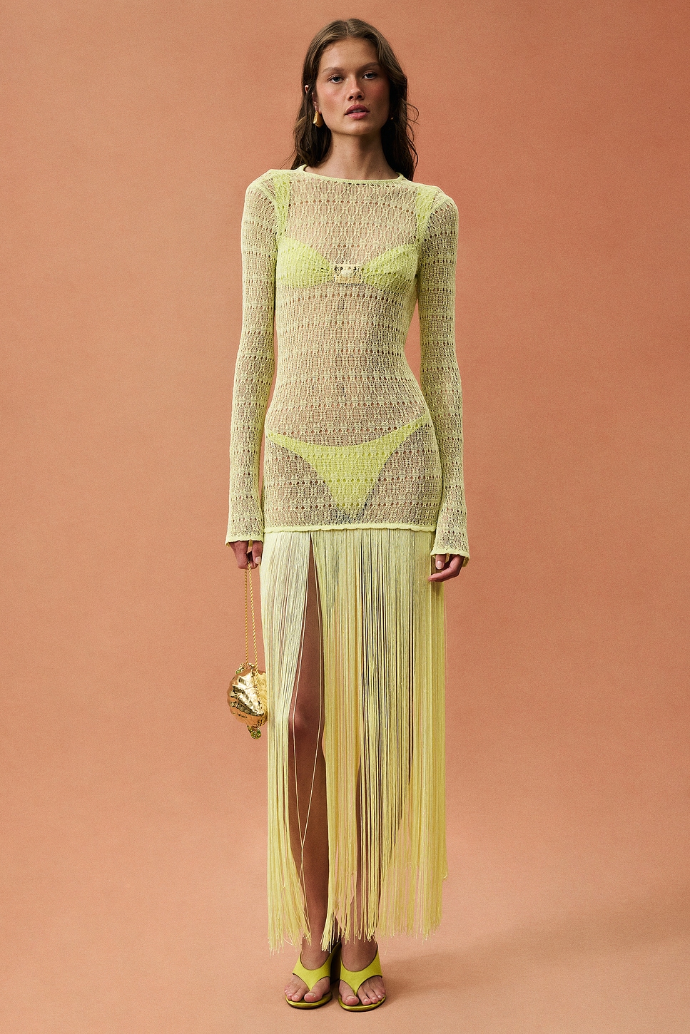 SAME for FWRD Long Sleeve Fringe Maxi Dress in Green