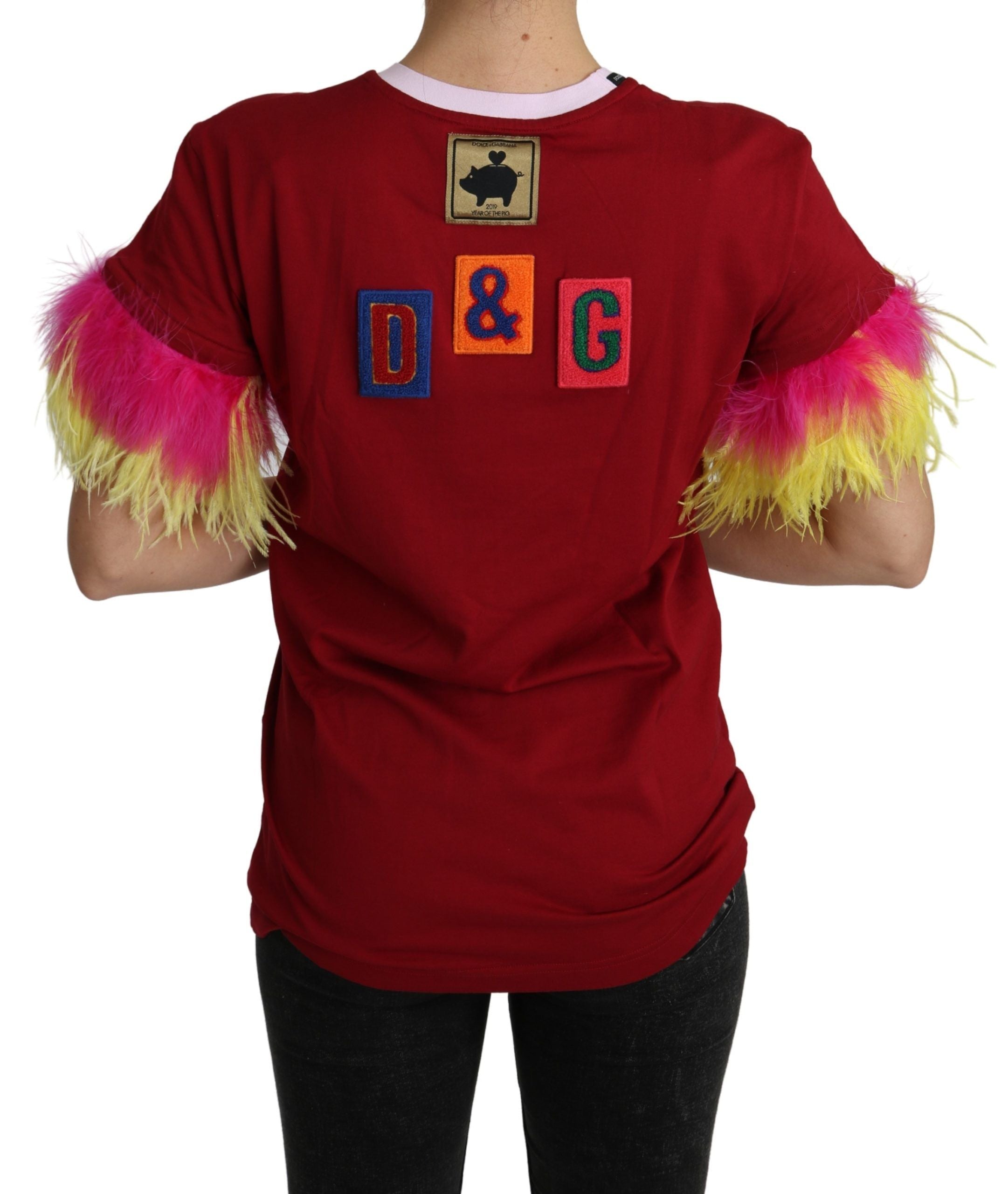 Pig Print Feather Sleeves T-Shirt — Red