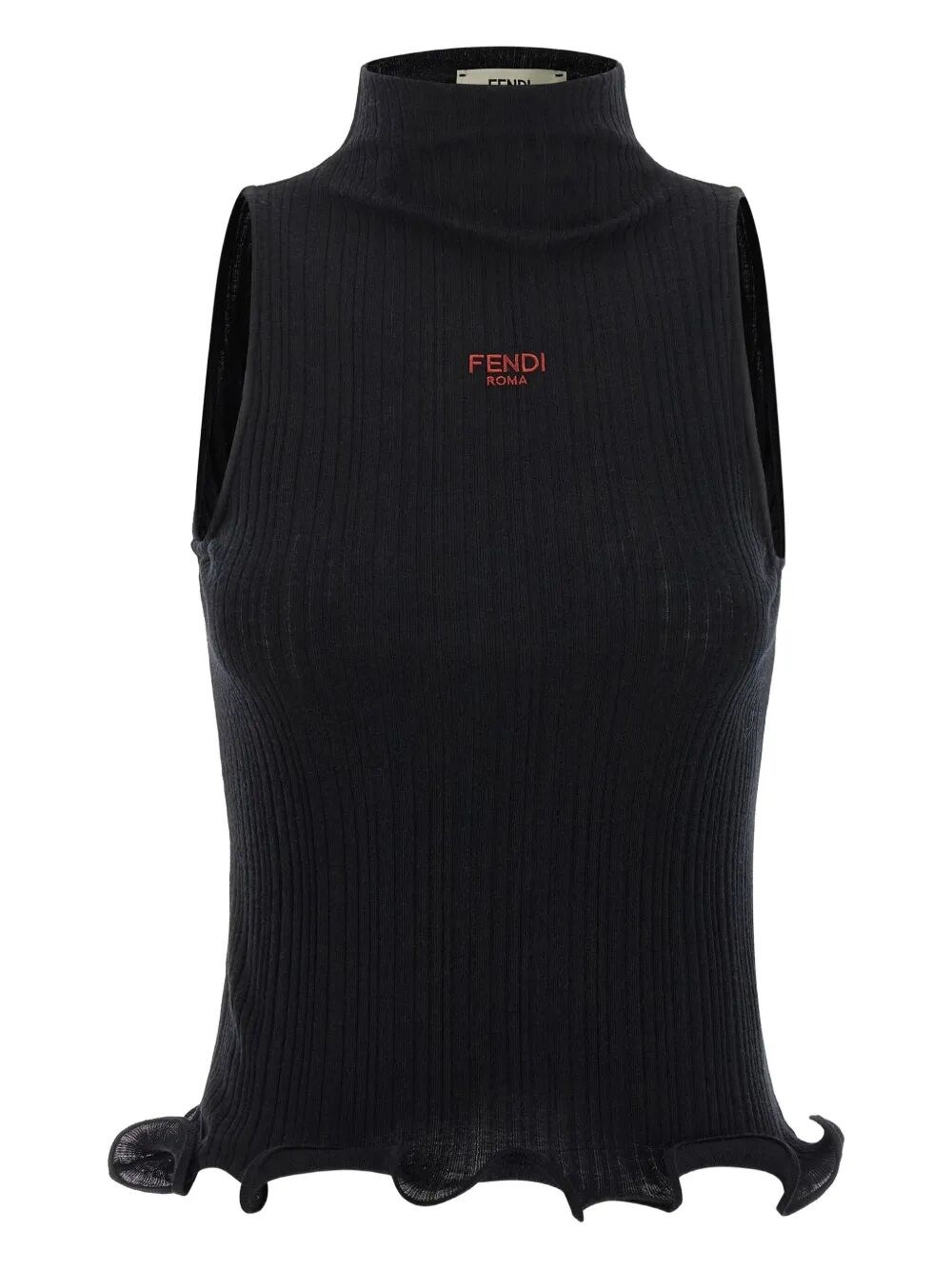 High Neck Fitted Sleeveless Top With Ruffles