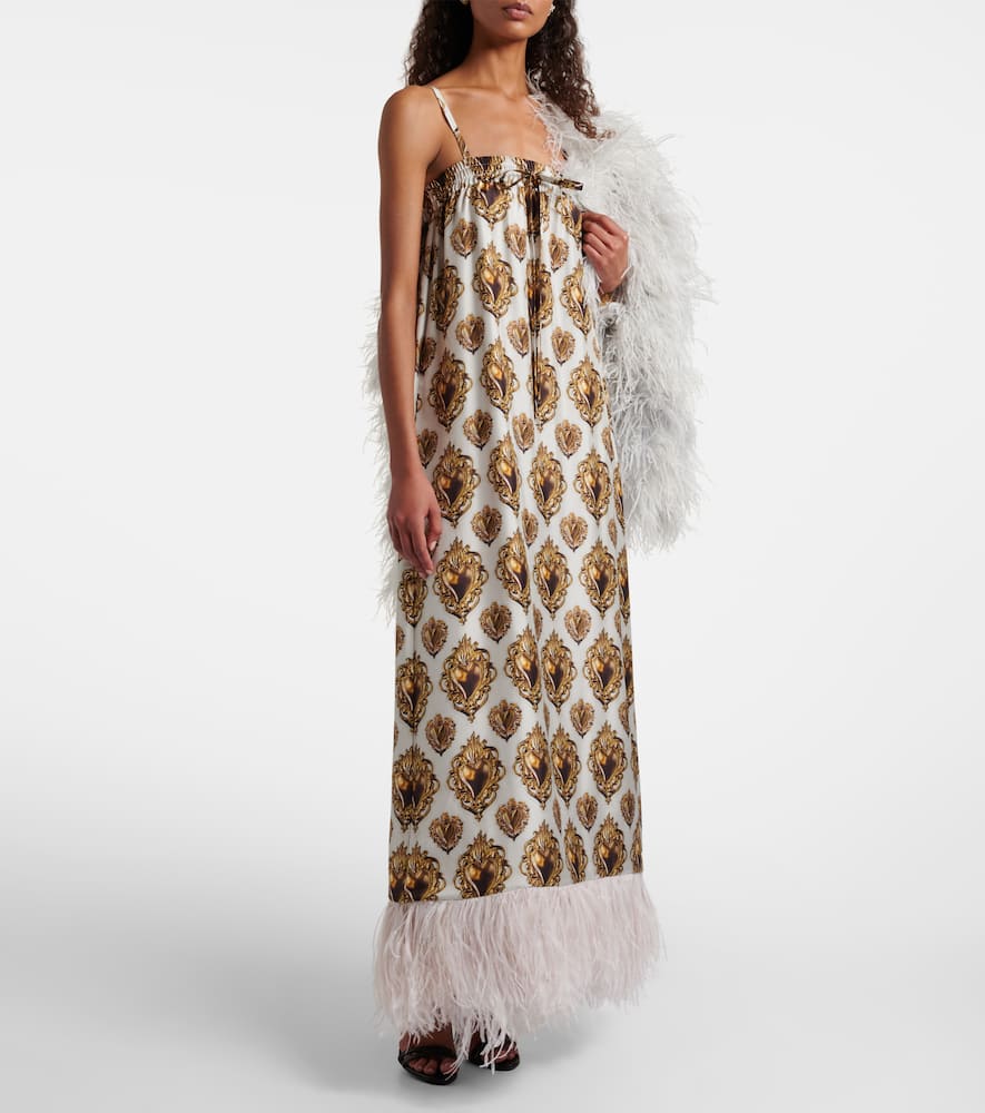 Feather-trimmed printed silk maxi dress
