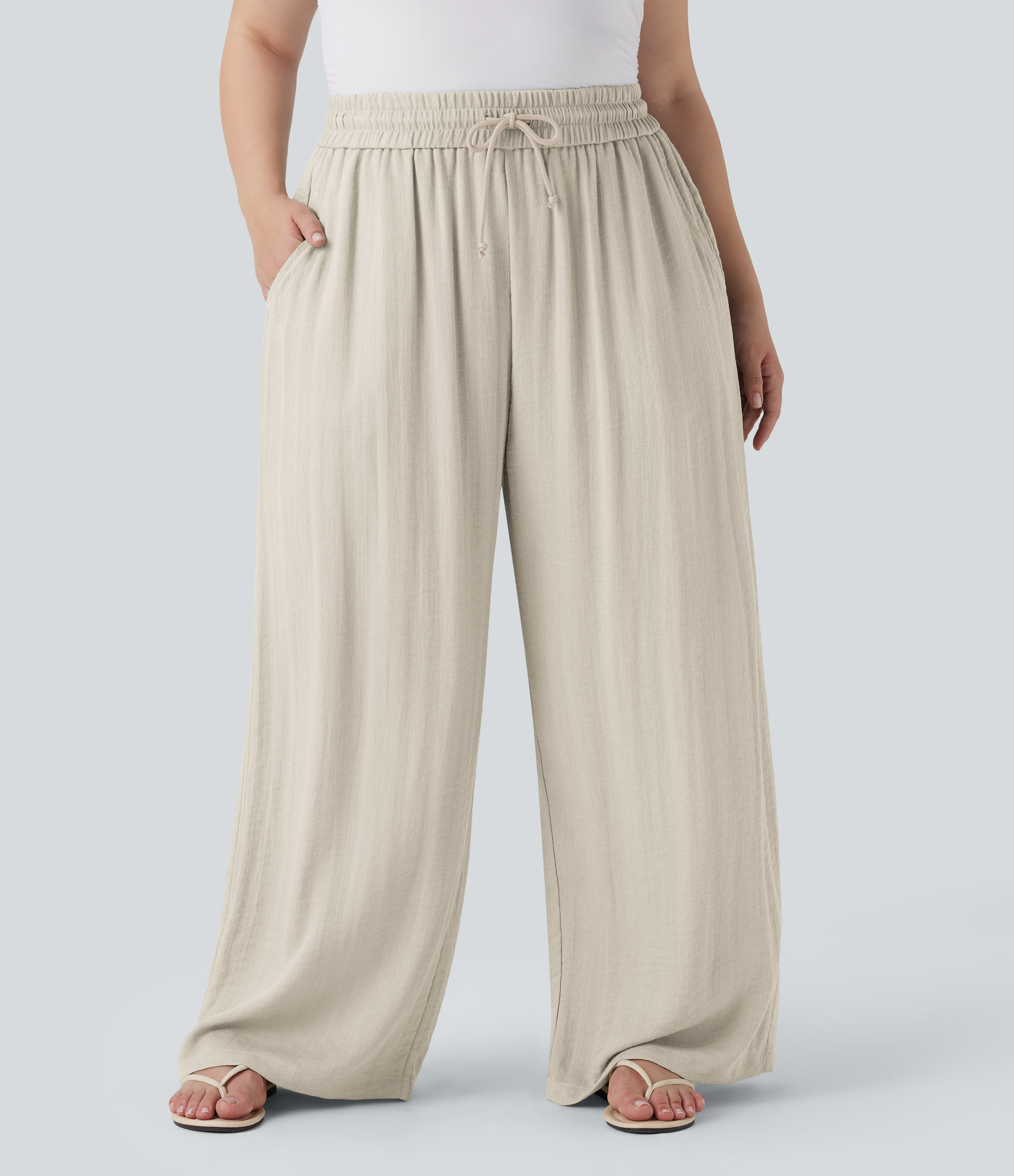 High Waisted Drawstring Linen-Feel Wide Leg Casual Plus Size Pants with Pockets  - Whisper White