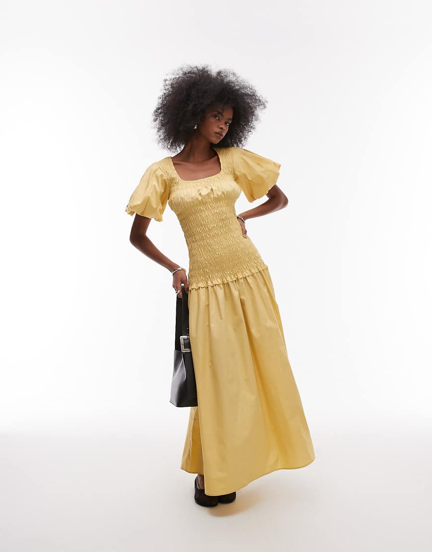 Topshop puff sleeve square neck shirred maxi dress in buttermilk-White