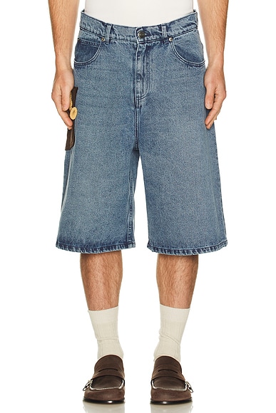 Charles Jeffrey LOVERBOY Wide Denim Shorts With Crochet Trumpet in Washed Denim - Blue. 30 also