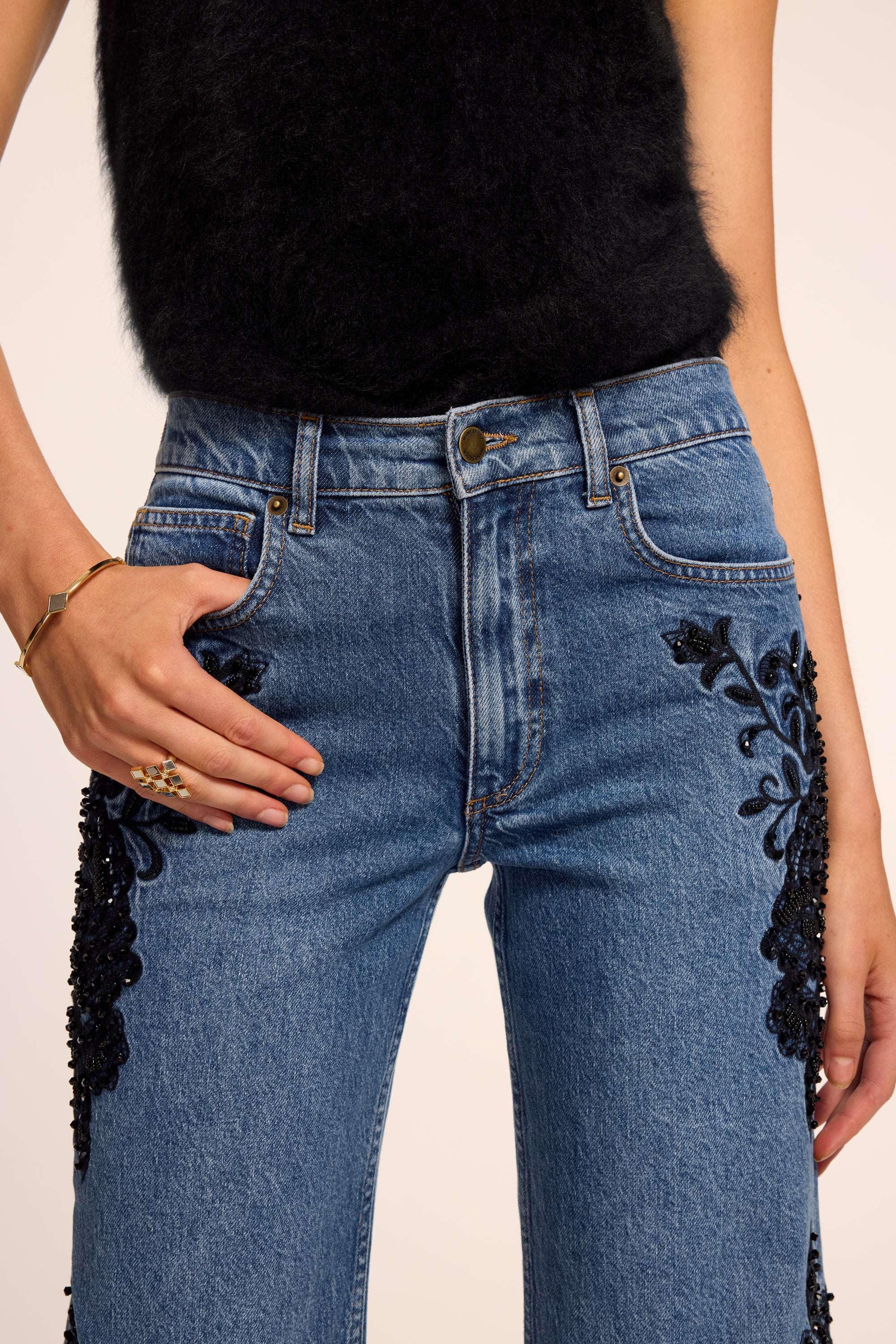 Lea Beaded Cropped Jean in Mid cerulean