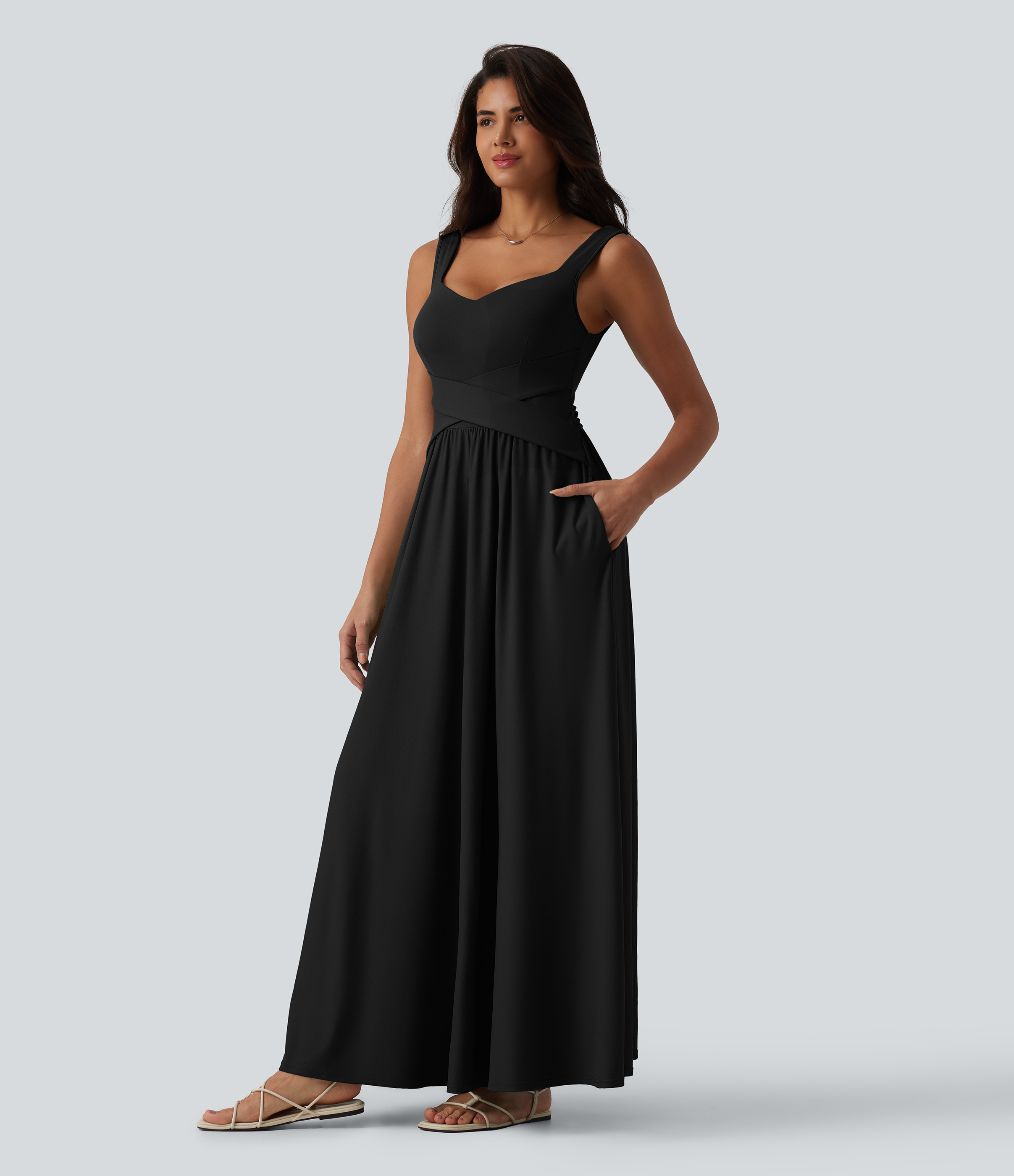 Built-in Bra Flowy Maxi Casual Dress with Pockets DD-F Casual Dress - Black
