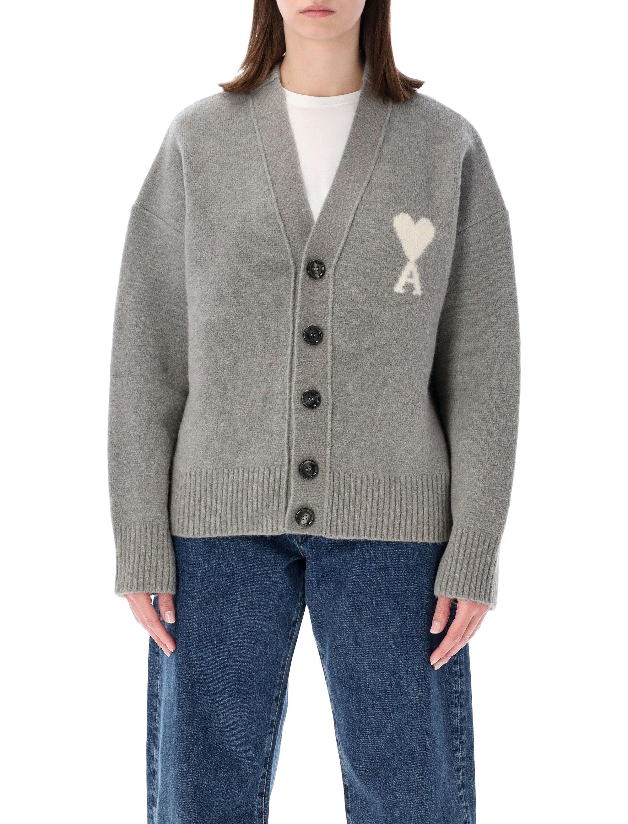 Alpaca-Blend V-Neck Cardigan with Intarsia Heart Detail and Horn Button Closure