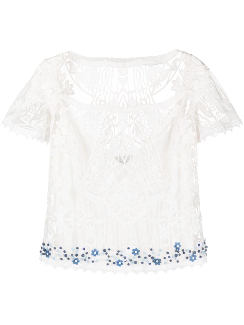 Square-neck lace-embroidery blouse - White