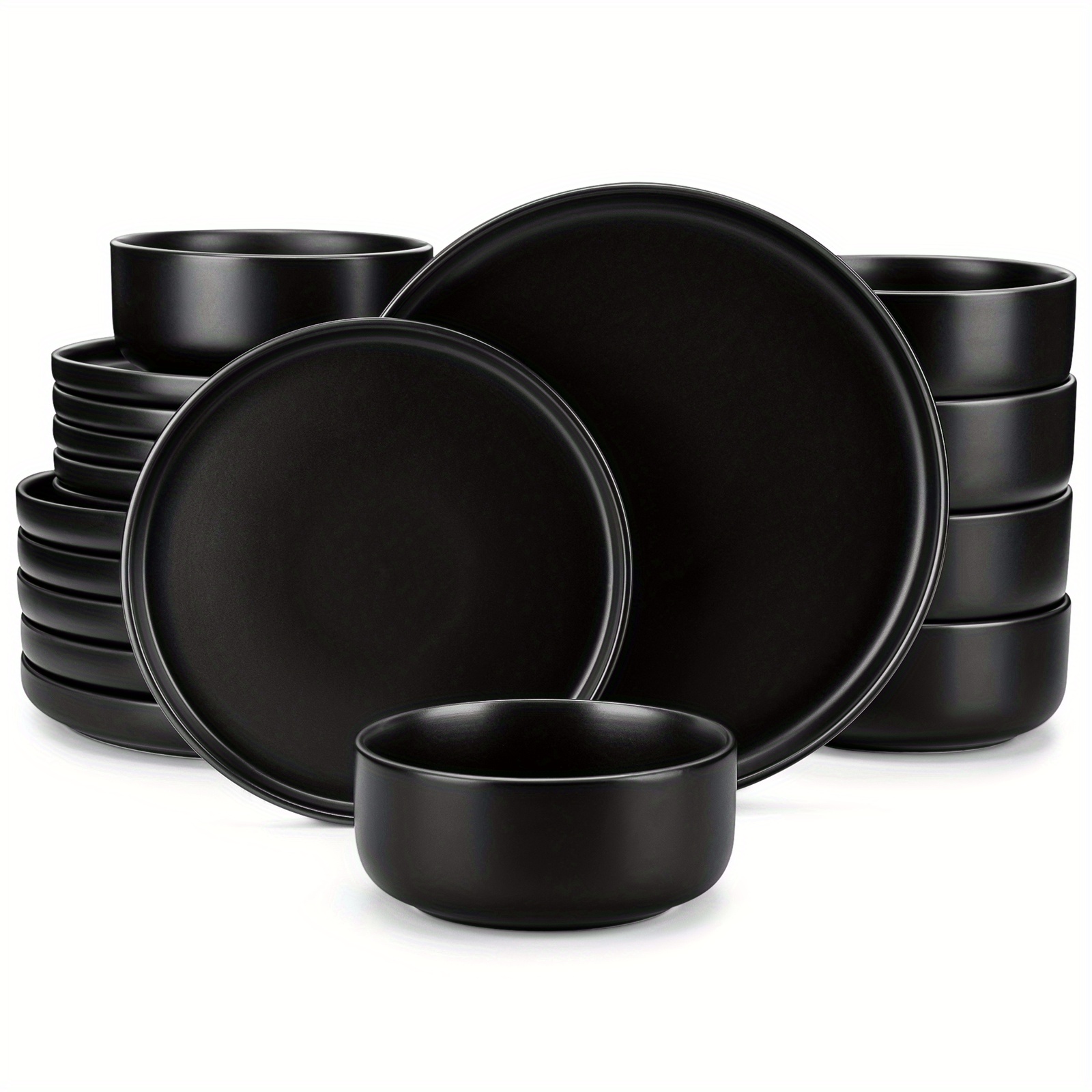 TEMU 18 Pieces Dinner Sets Stoneware Black Plates And Bowls Set Matte Glaze Tableware Service For