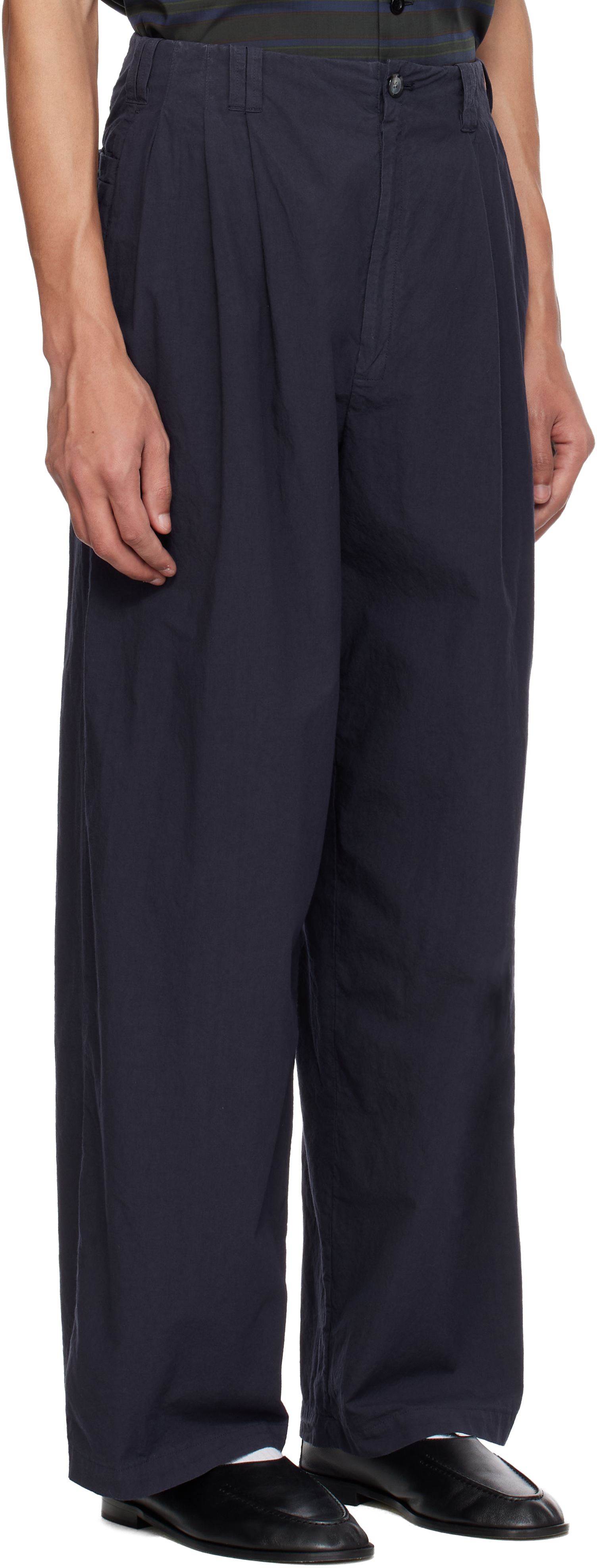 Navy Cotton Typewriter Garment-dyed 3pleated Tapered Trousers