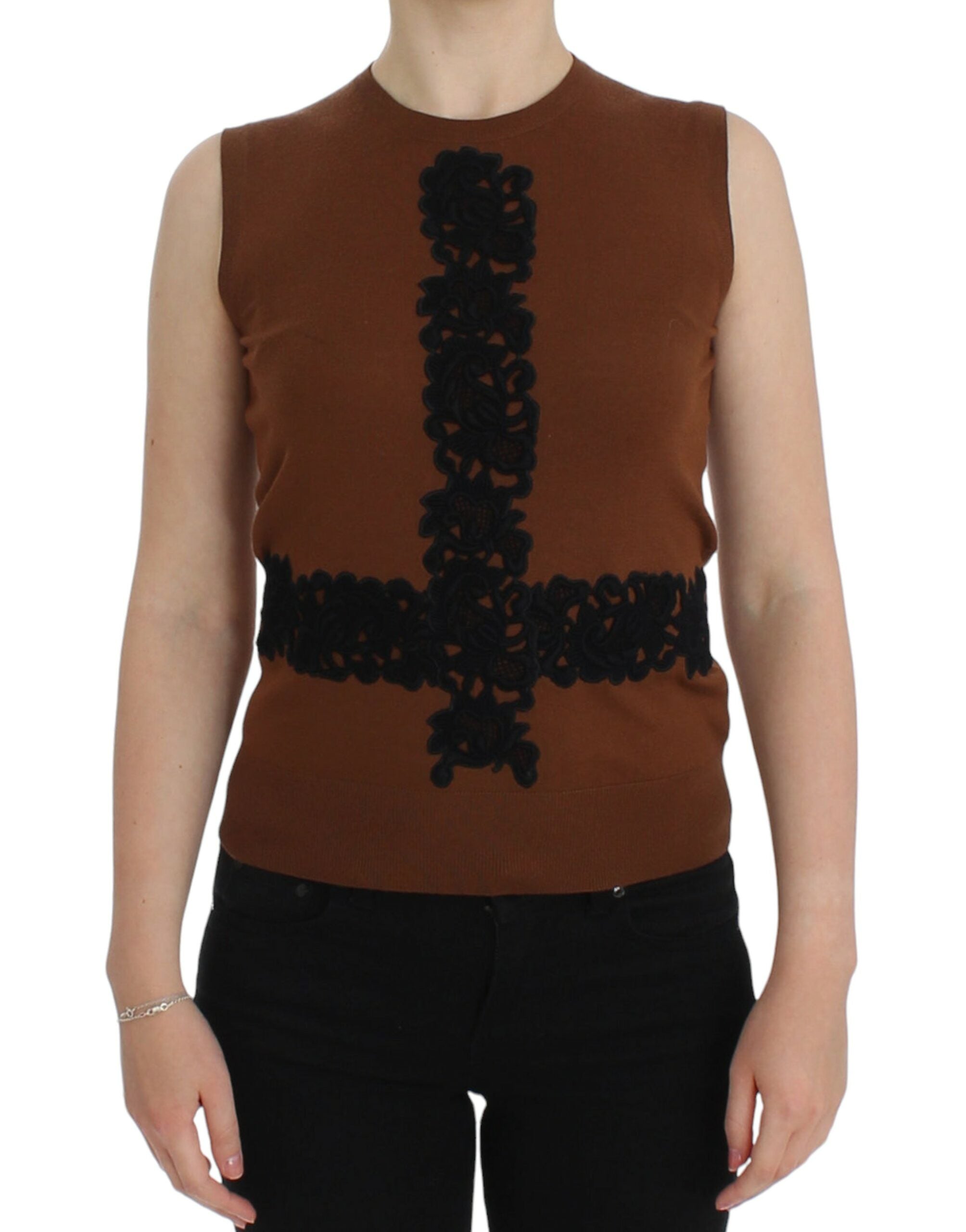 Black Lace-Appliquéd Wool Tank Top — Brown