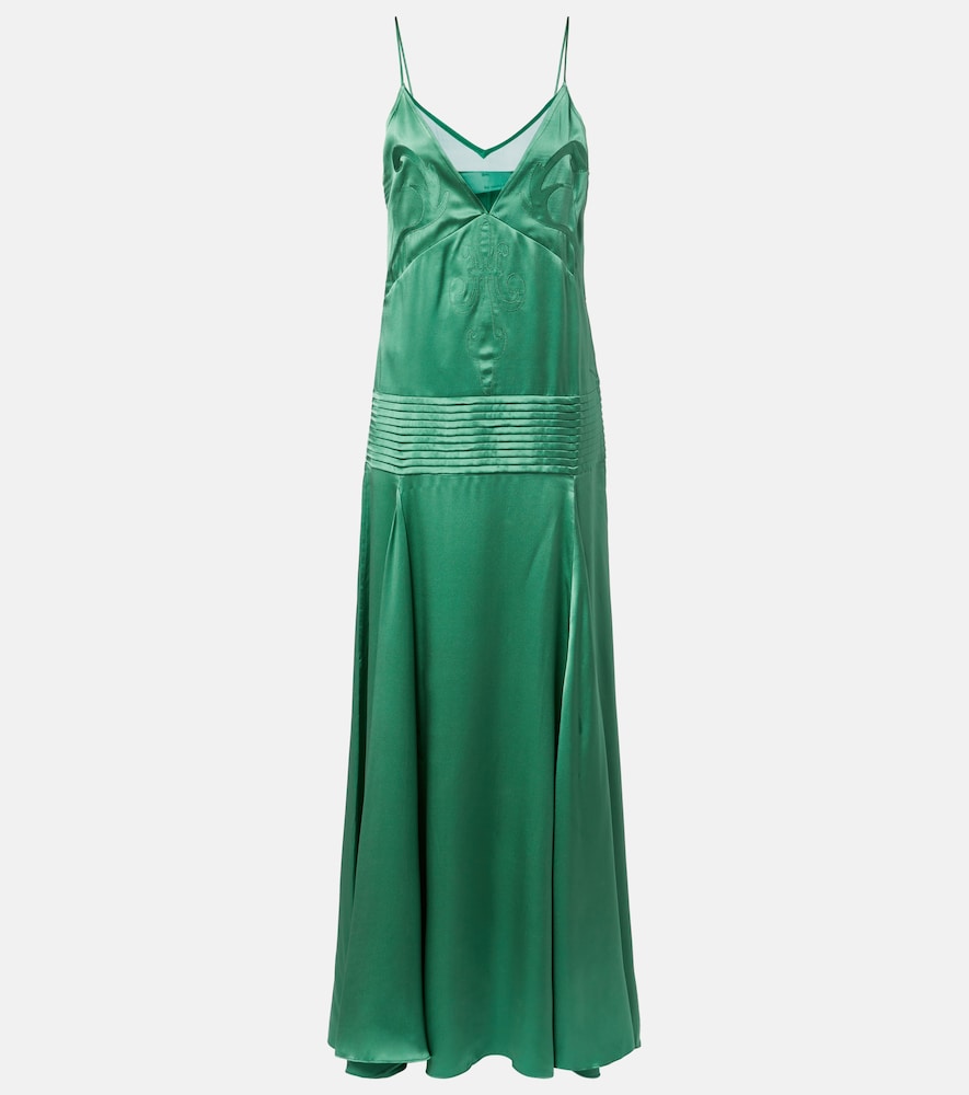 Embroidered pleated silk satin gown