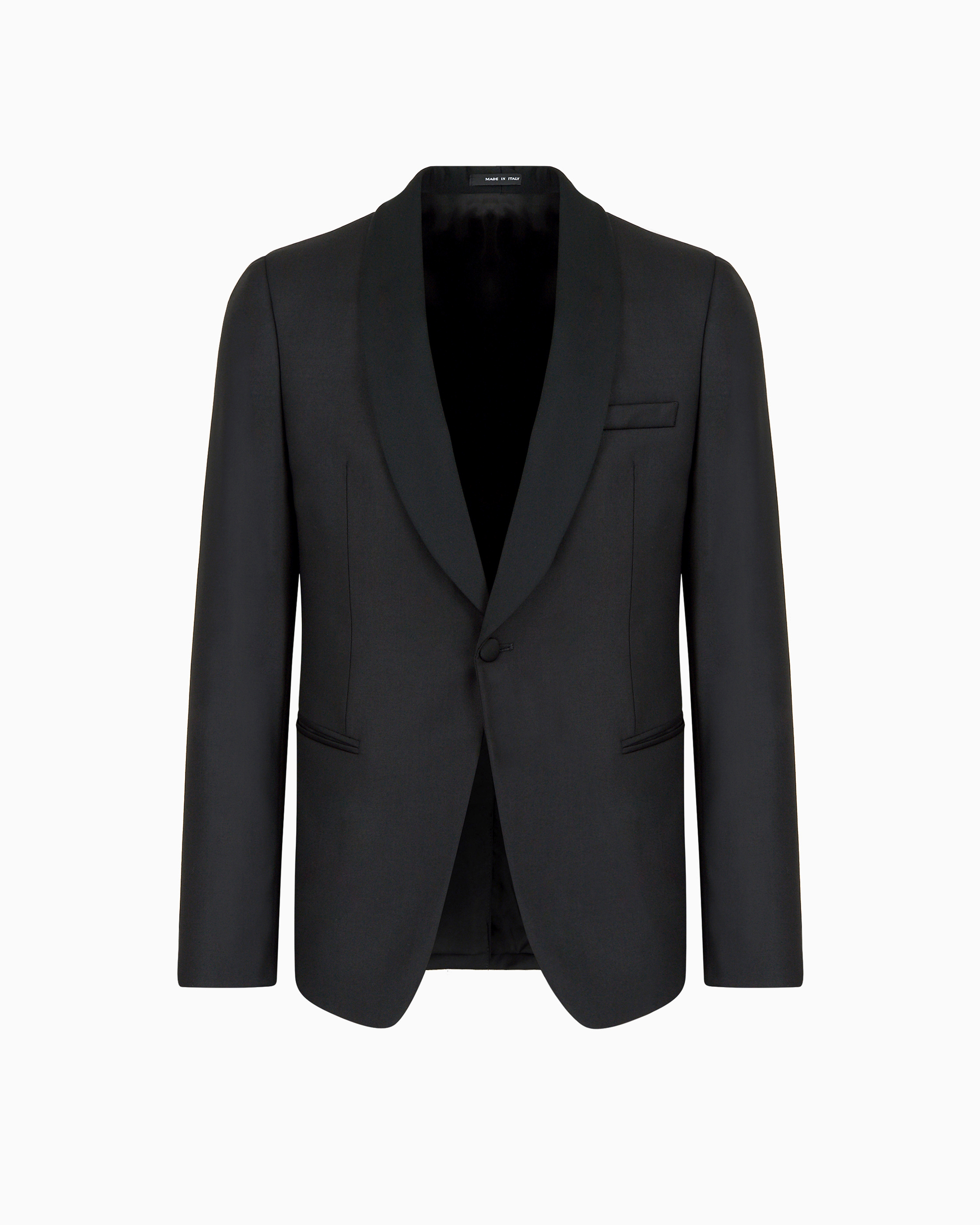 Light worsted virgin wool single-breasted jacket with satin shawl lapels
