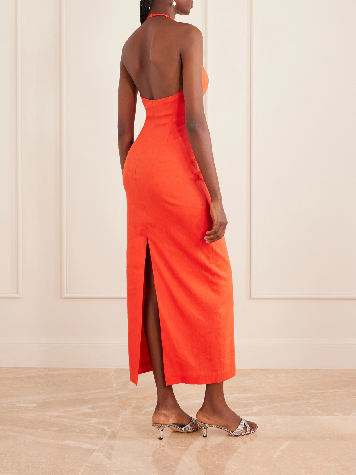 Elodie Linen-blend Halterneck Midi Dress - Orange
