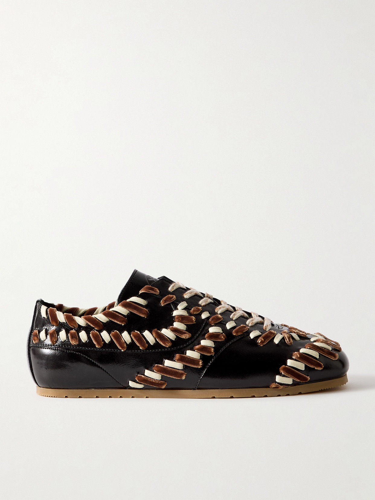 Cord And Velvet-trimmed Glossed-leather Sneakers - Brown