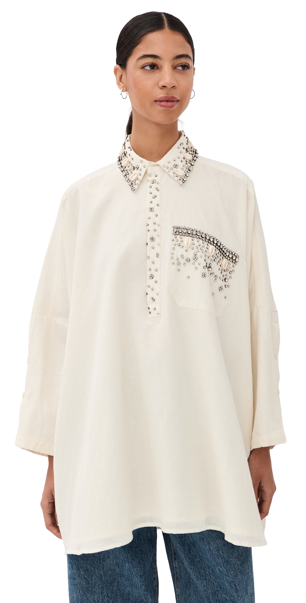Cowrie Shell Jeweled Boyfriend Shirt White One Size