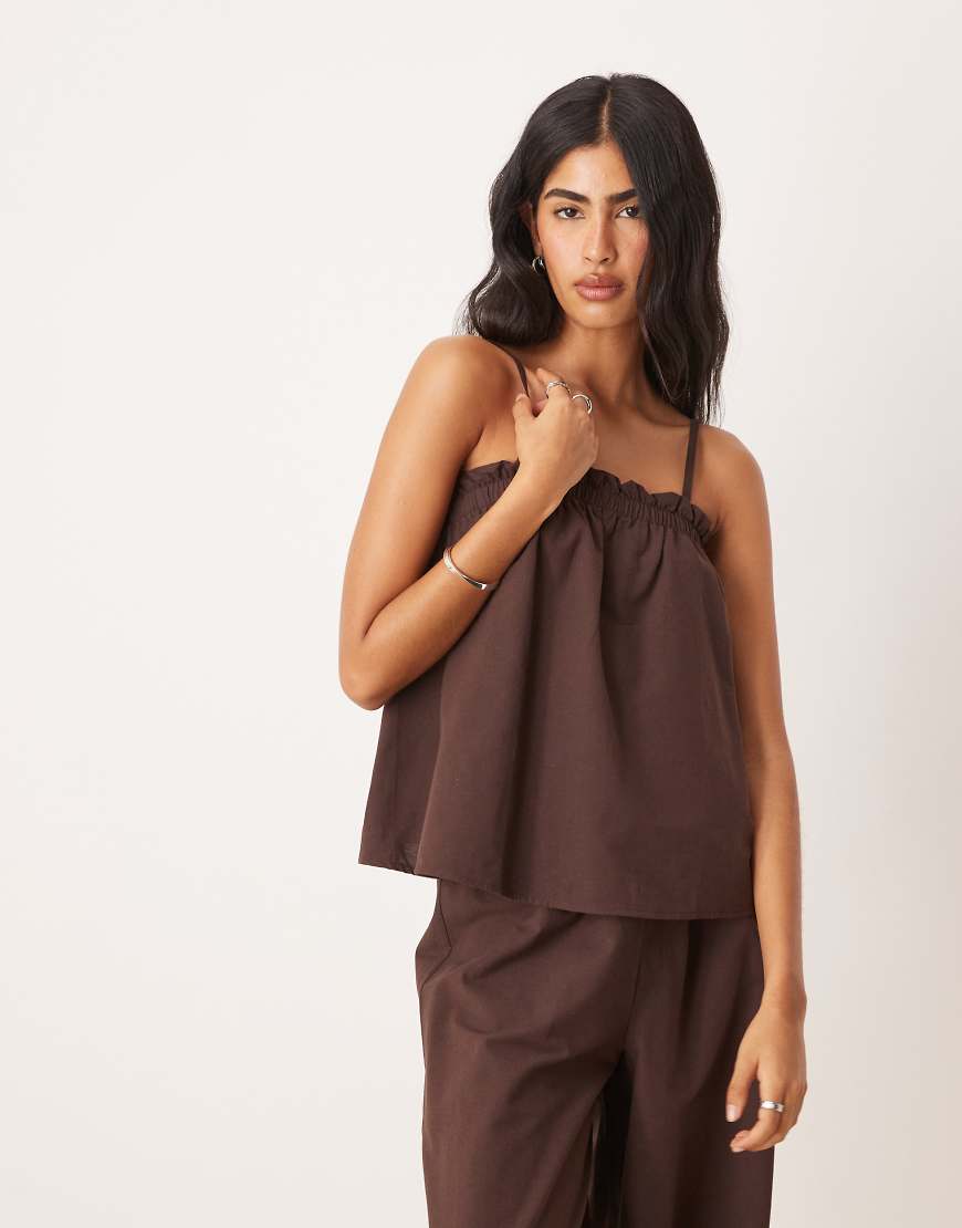 Linen blend trapeze cami top in chocolate co ord-Brown