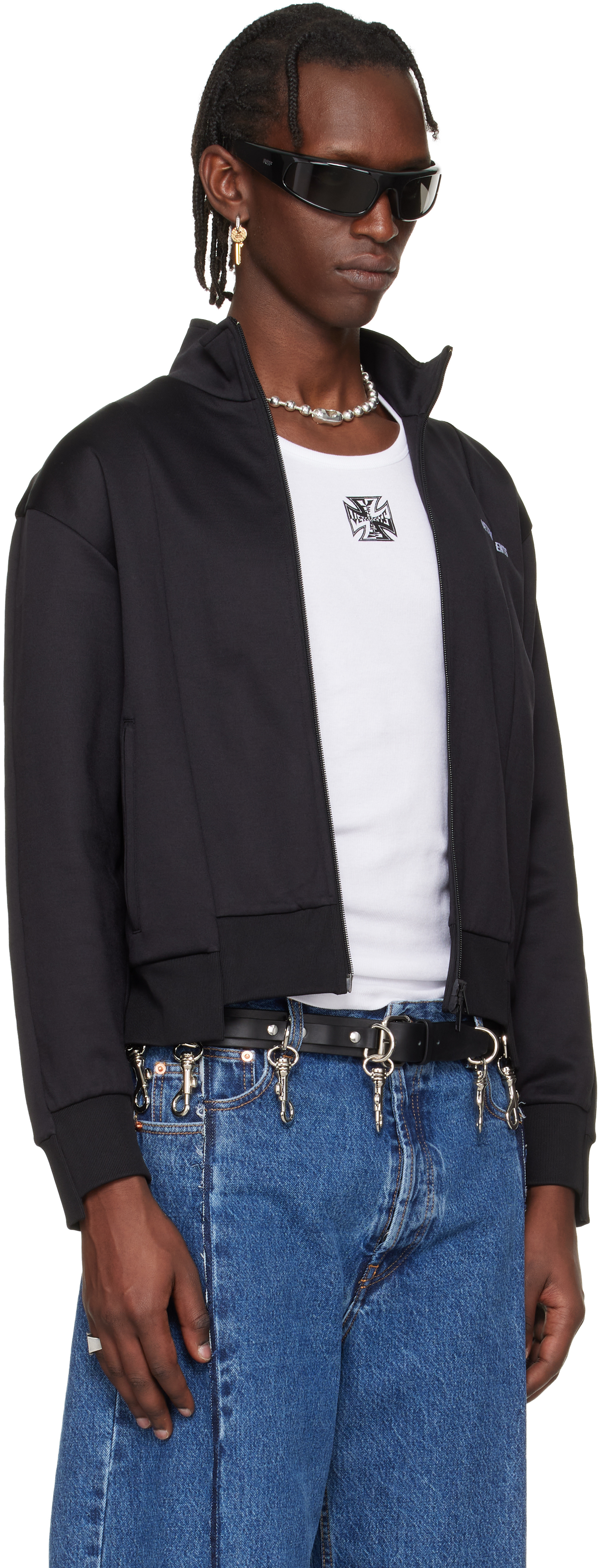 Black Cut-Up Athletic Zip-Up Track Jacket