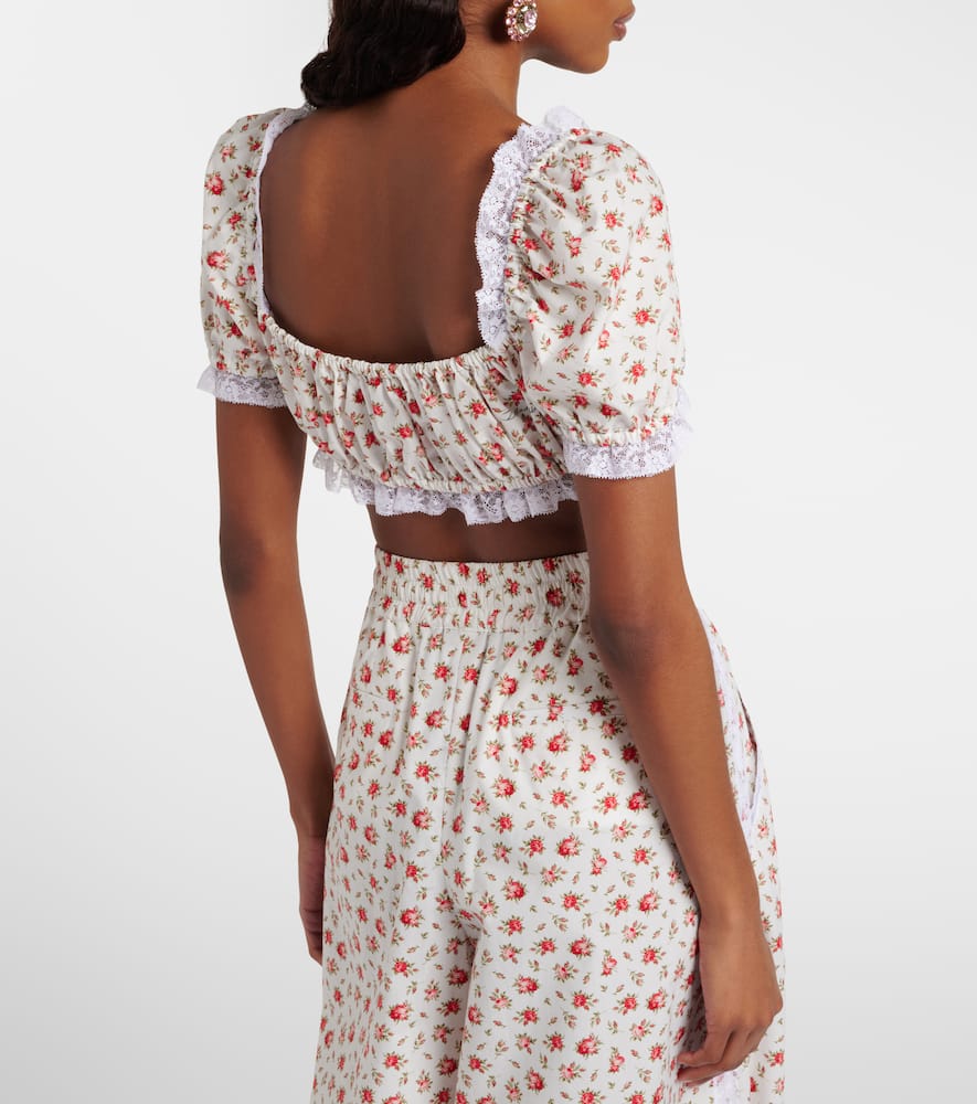 Floral lace-trimmed cotton poplin crop top
