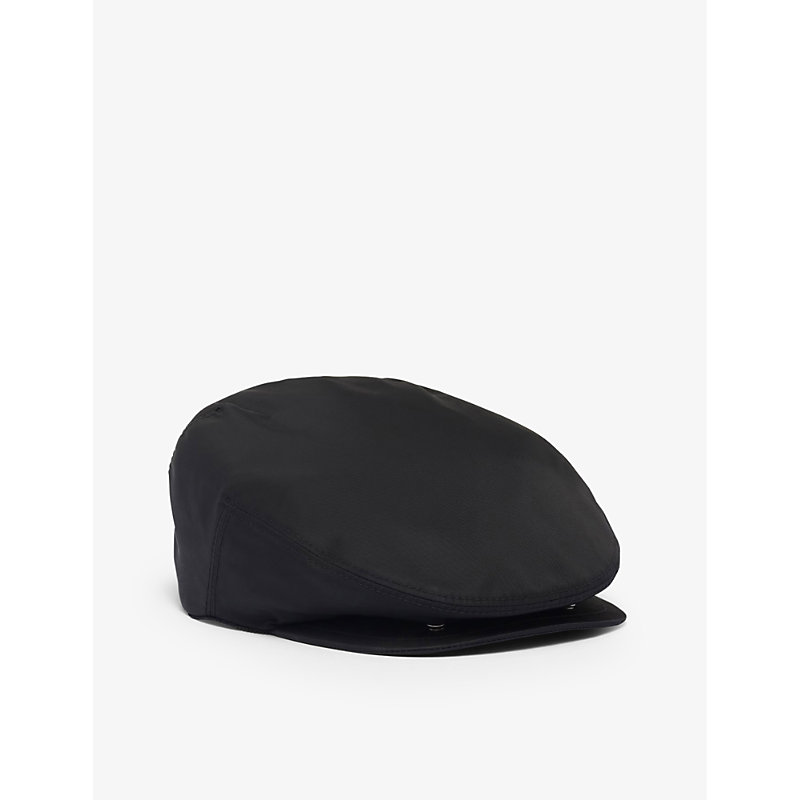 Mens Black Triangle-plaque Re-Nylon Beret hat