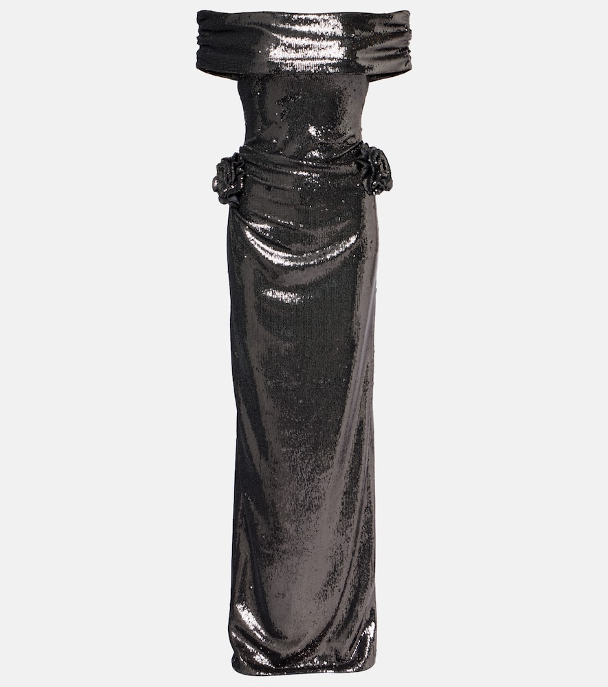 Embellished floral-appliqué gown