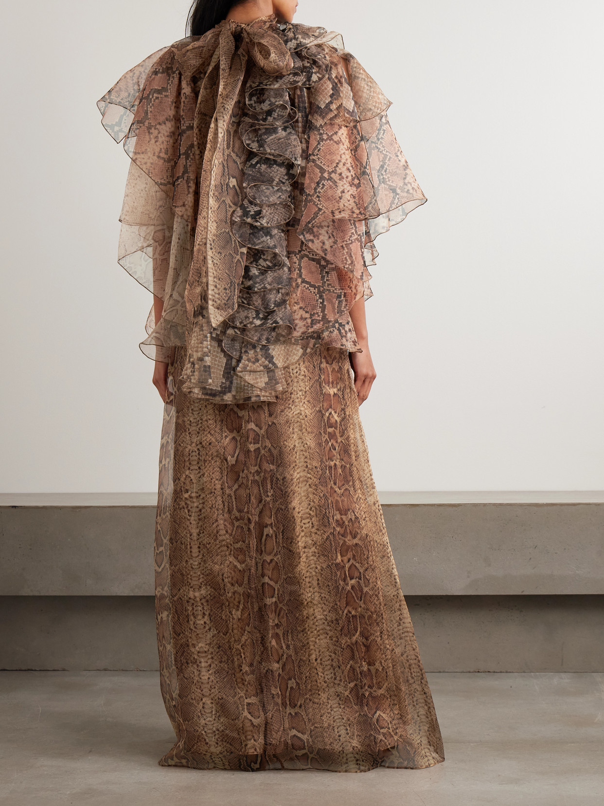 Hypnotic Memento Billow Ruffled Snake-print Silk-organza Gown - Brown