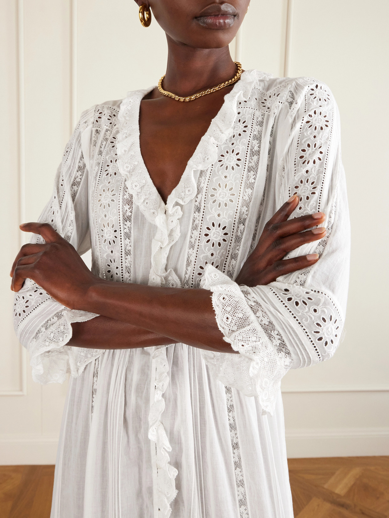 Clemencia Ruffled Lace-trimmed Organic Cotton-voile Midi Dress - White