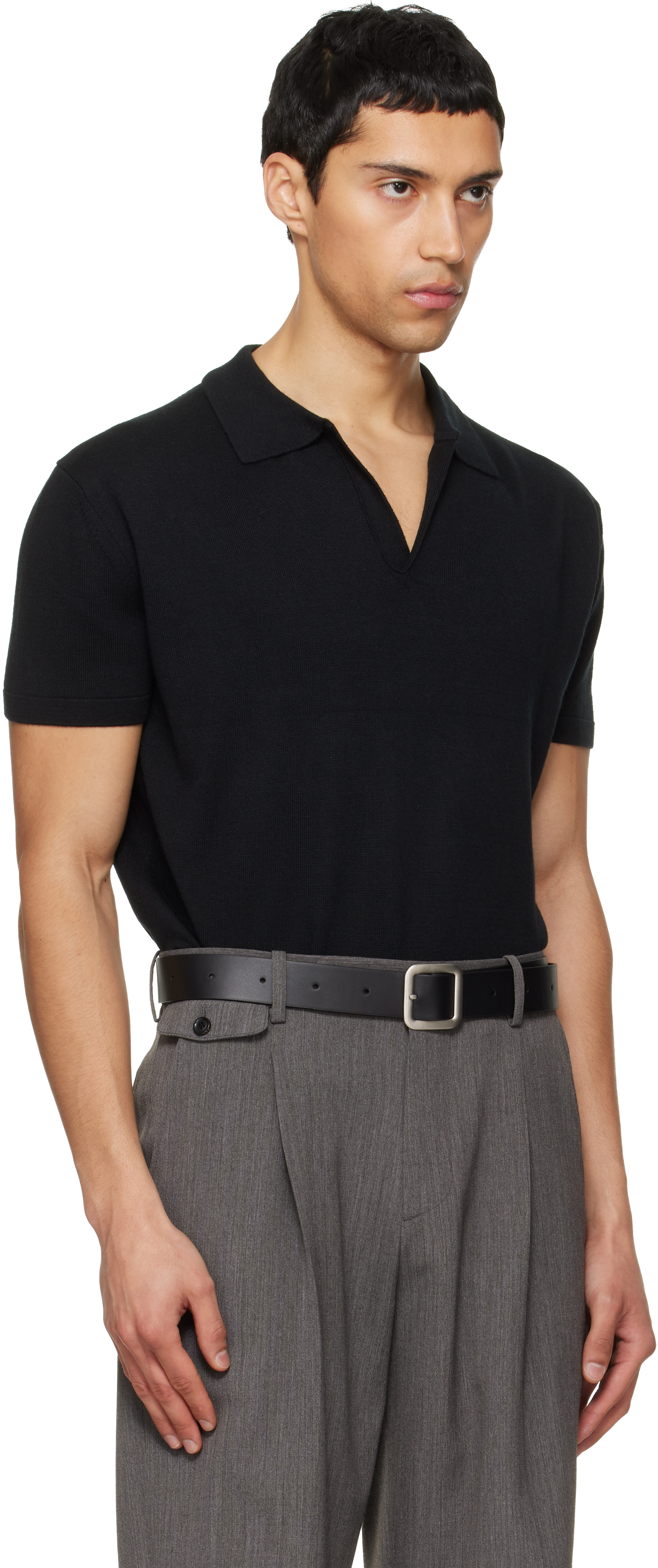 Black Silk Cashmere Open Collar Knit Polo
