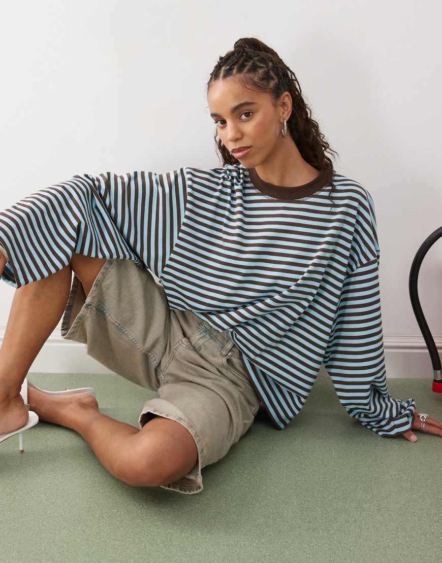 Bloom long sleeve crew neck boxy t-shirt in blue and brown stripe-Multi
