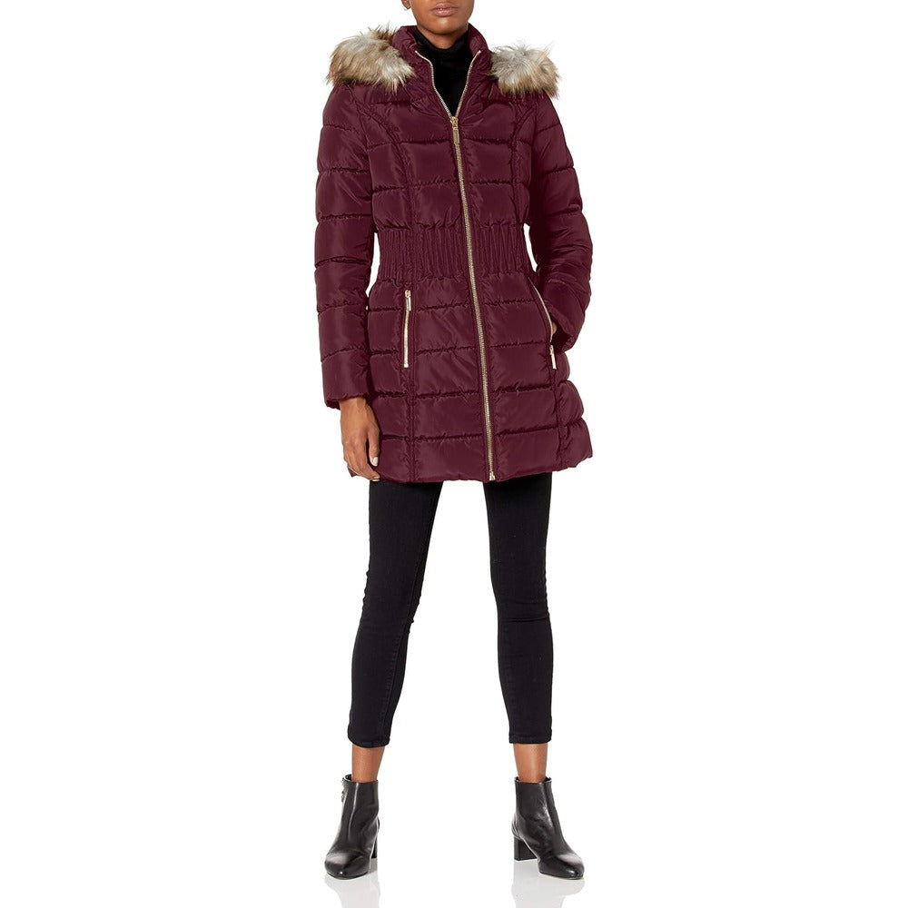 Women 3/4 Puffer Zig Zag Cinch Waist Faux Fur Hood Coat