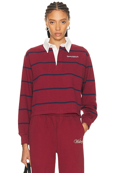 Sporty & Rich Serif Logo Rugby Polo Top in Merlot White & Dark Navy - Red. M also in L, S