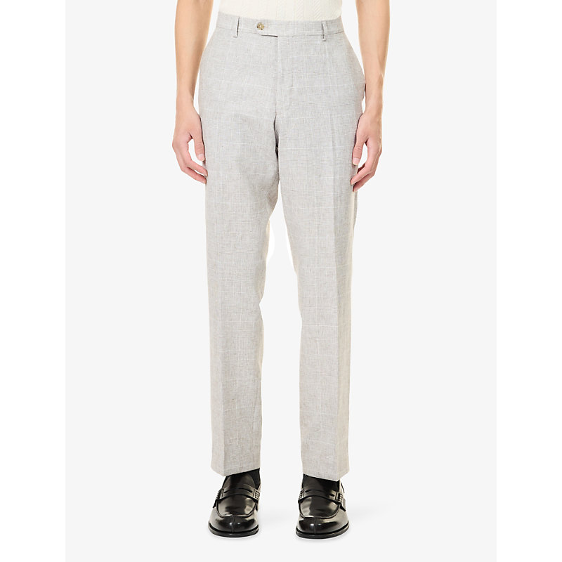 Mens Checked Regular-Fit Linen-Blend Trousers