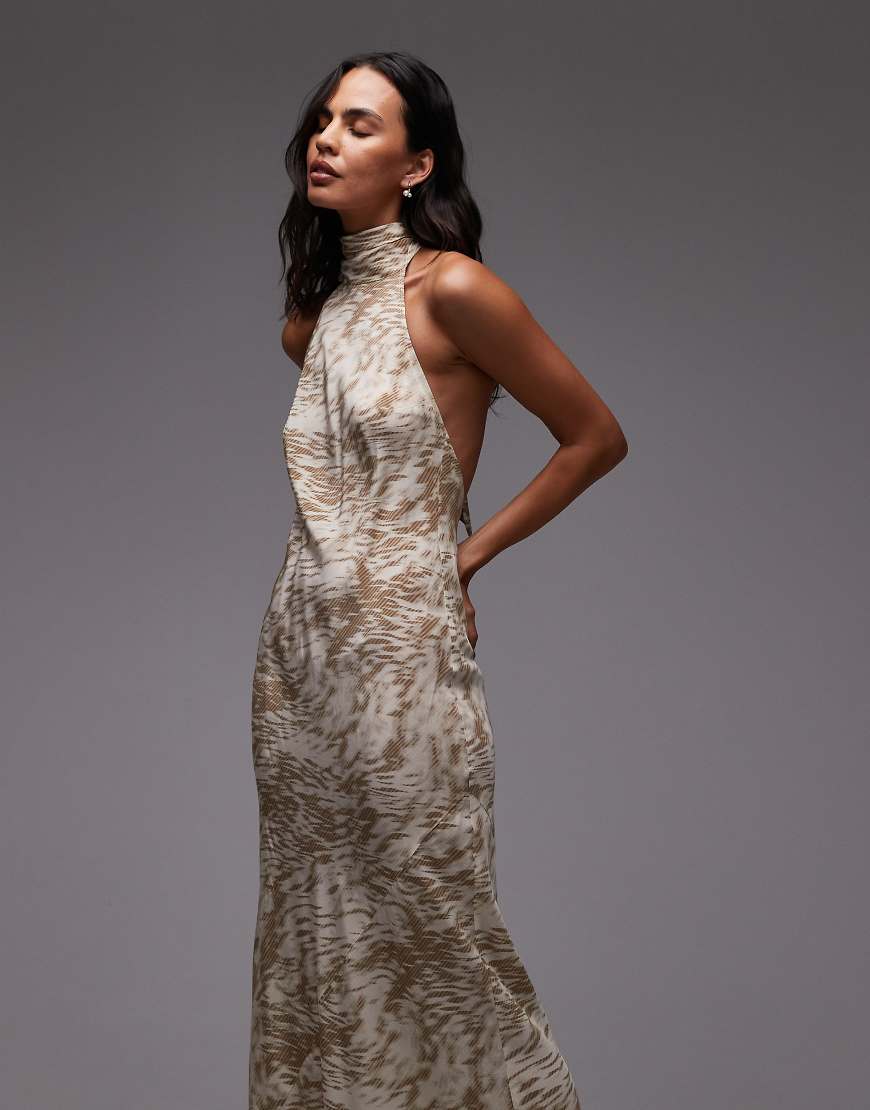Full neck halter midi dress in beige abstract zebra-Green