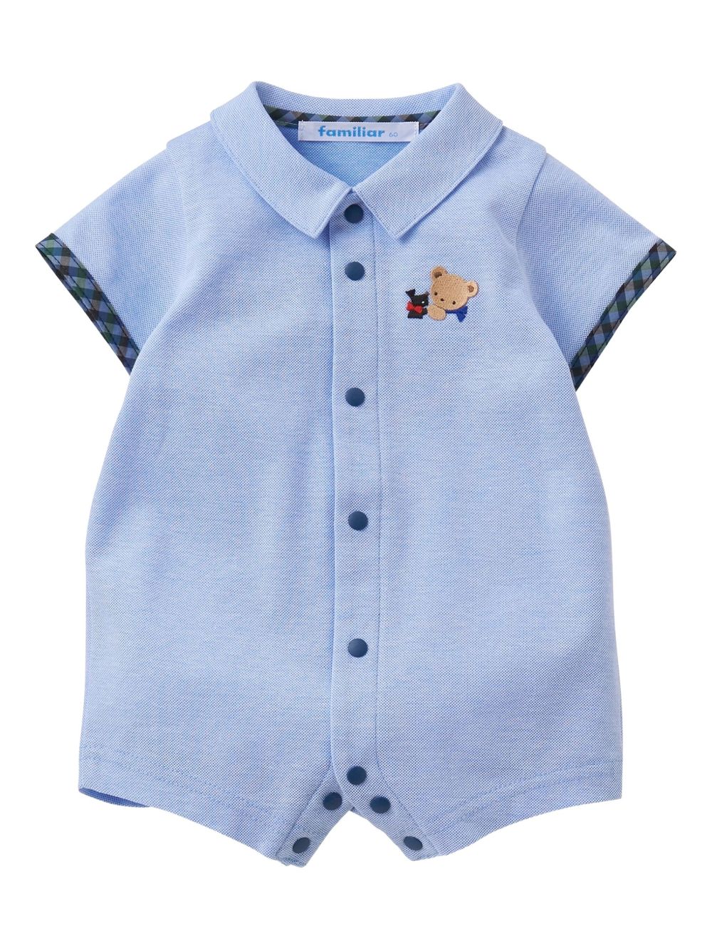 Bear-embroidered short-sleeved romper - Blue