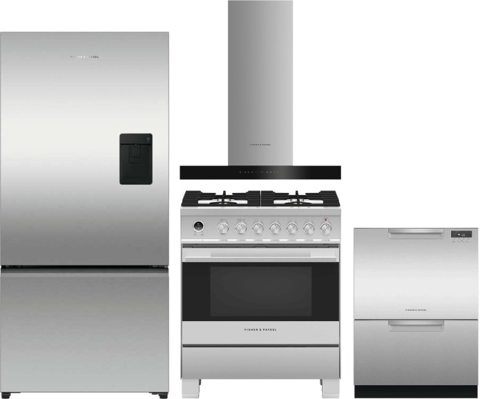 Fisher & Paykel 4 Piece Kitchen Appliances Package with Bottom Freezer Refrigerator, Dual Fuel Range and Dishwasher in Stainless Steel FPRERADWRH