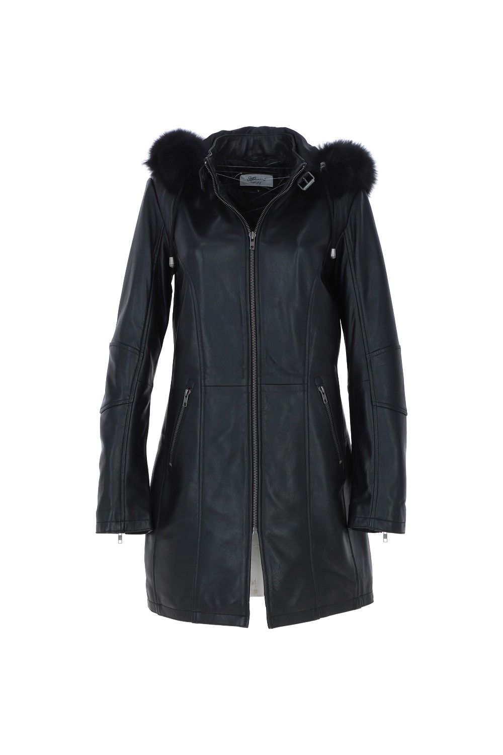 Ashwood Leather Women's Detachable Fur Hood Long Leather Jacket in Black