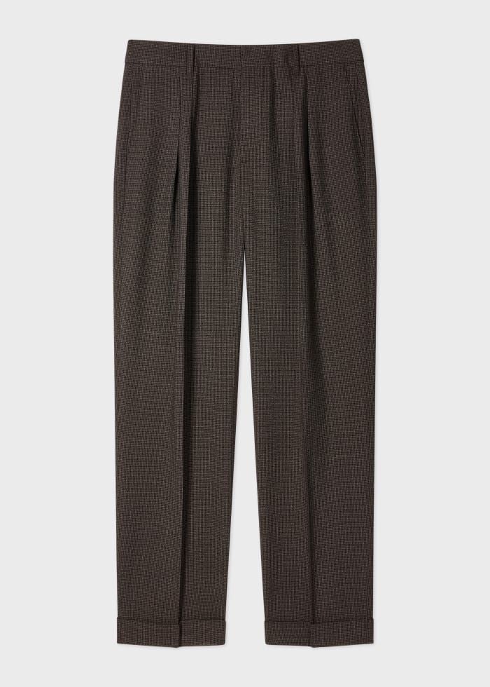 Brown Check Two-Ply Merino Pleated Trousers Grey