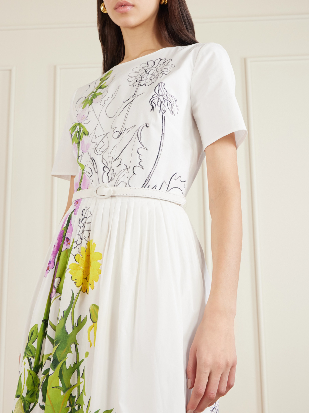 Belted Floral-print Cotton-blend Poplin Midi Dress - White