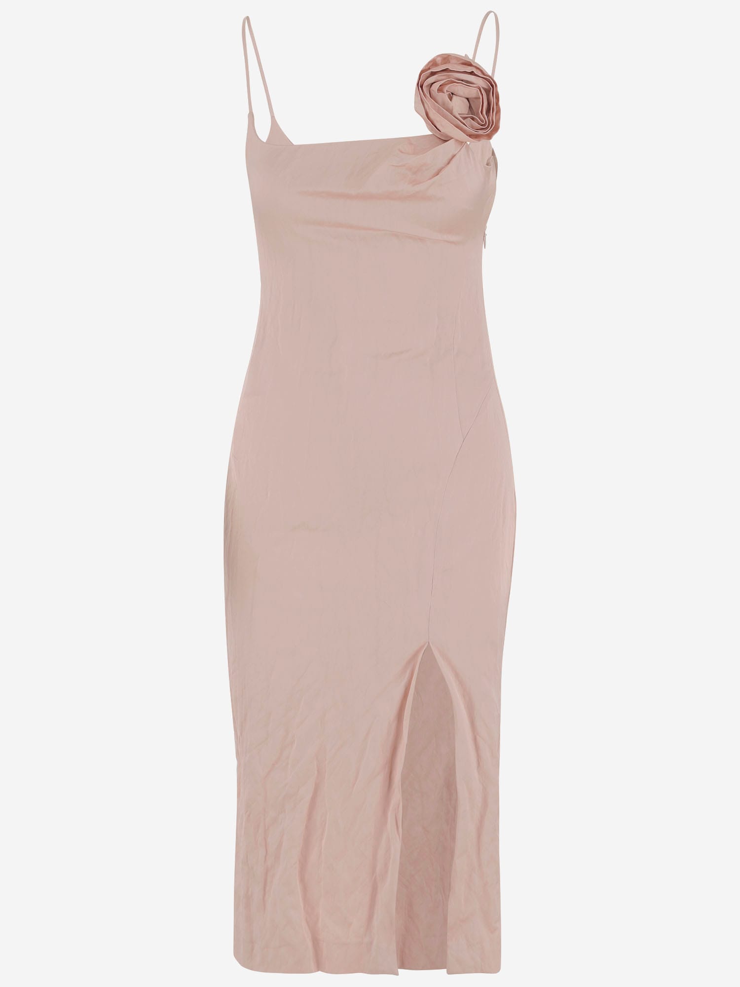 Crinkled Satin Dress With 3d Rose