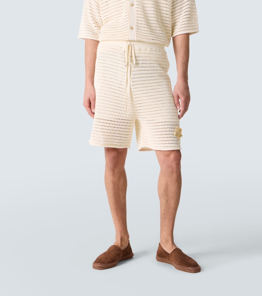 Crochet floral-appliqué open-knit Bermuda shorts