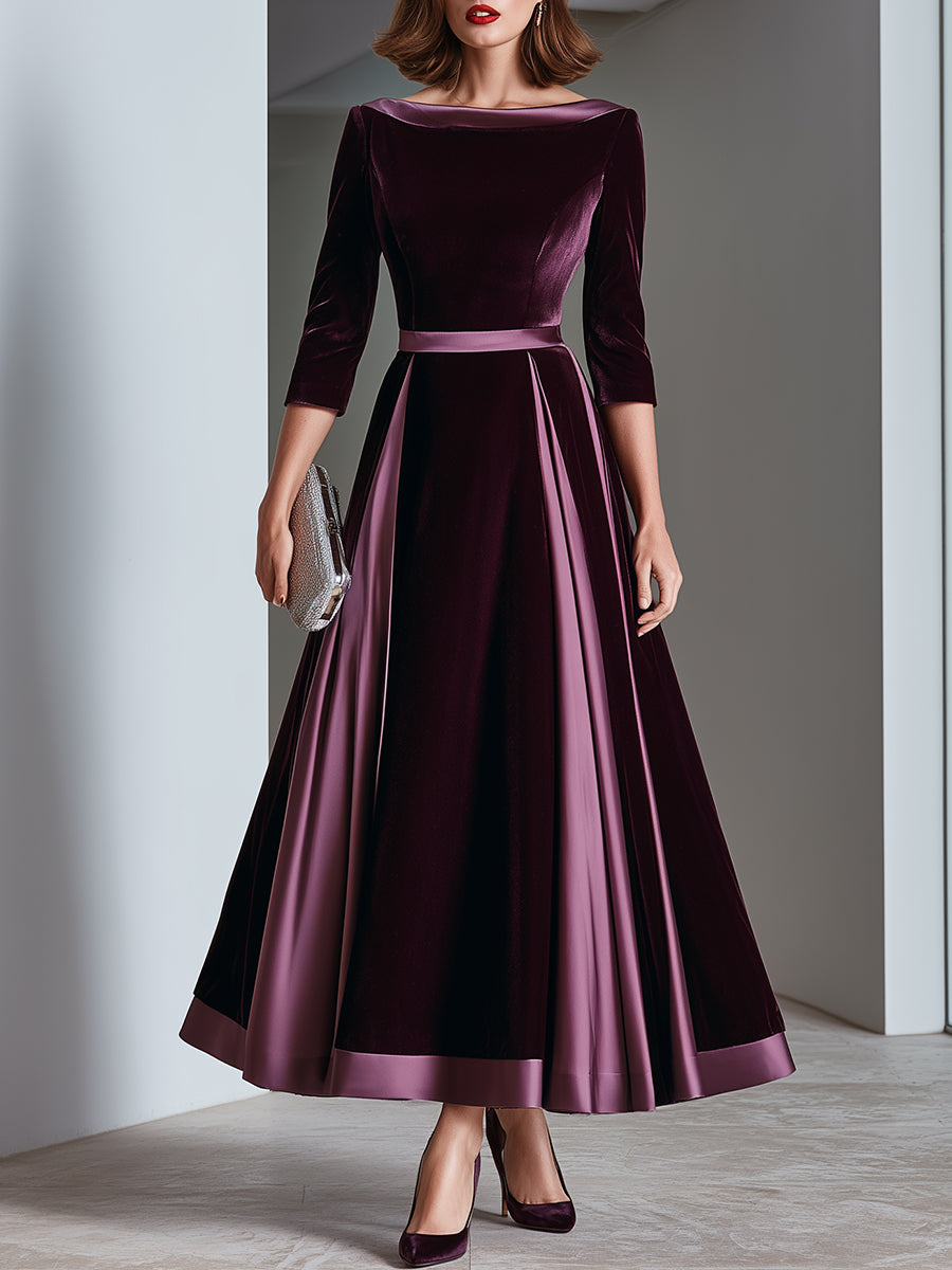 Satin Trim Bateau Neck Velvet A-Line Midi Dress - Burgundy