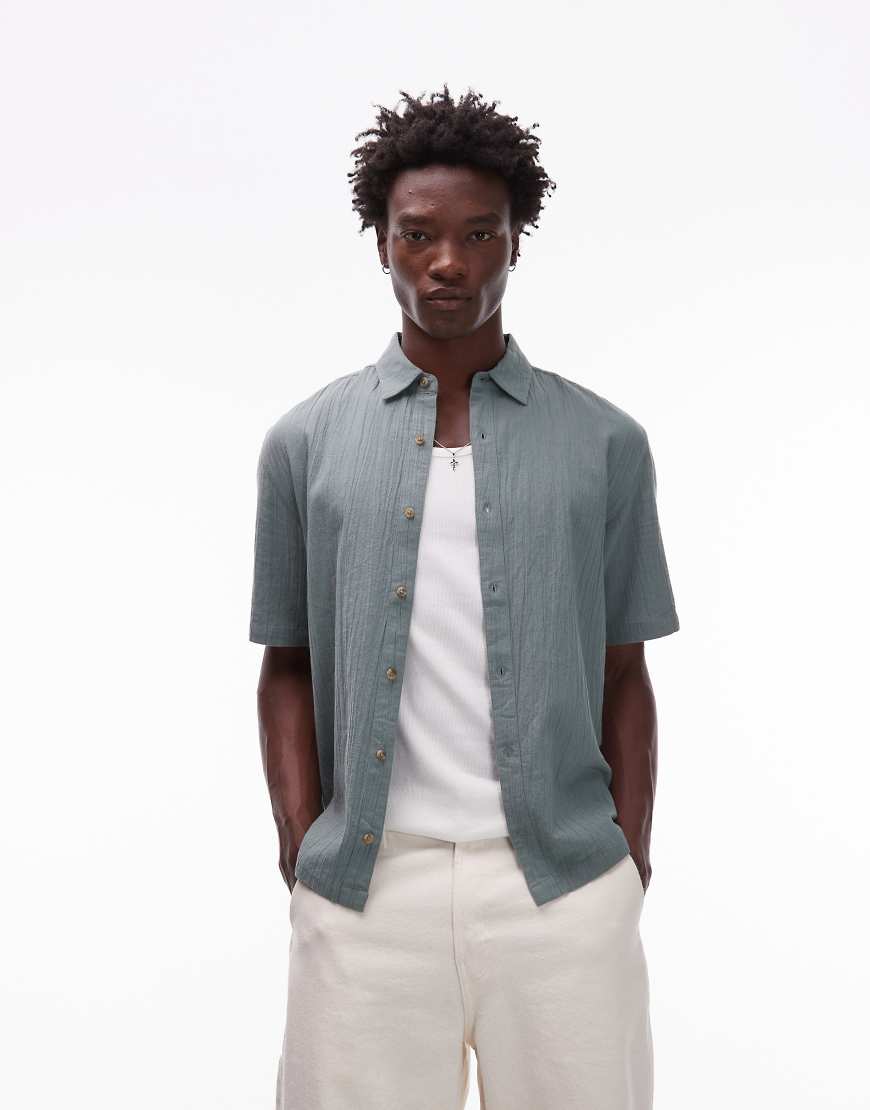 Relaxed fit short sleeve textured shirt in sage-Blue