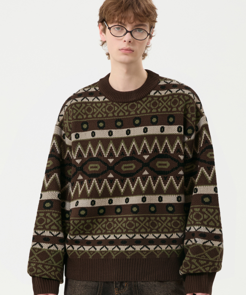 Vintage Fair Isle Jacquard Crewneck Knit_Brown