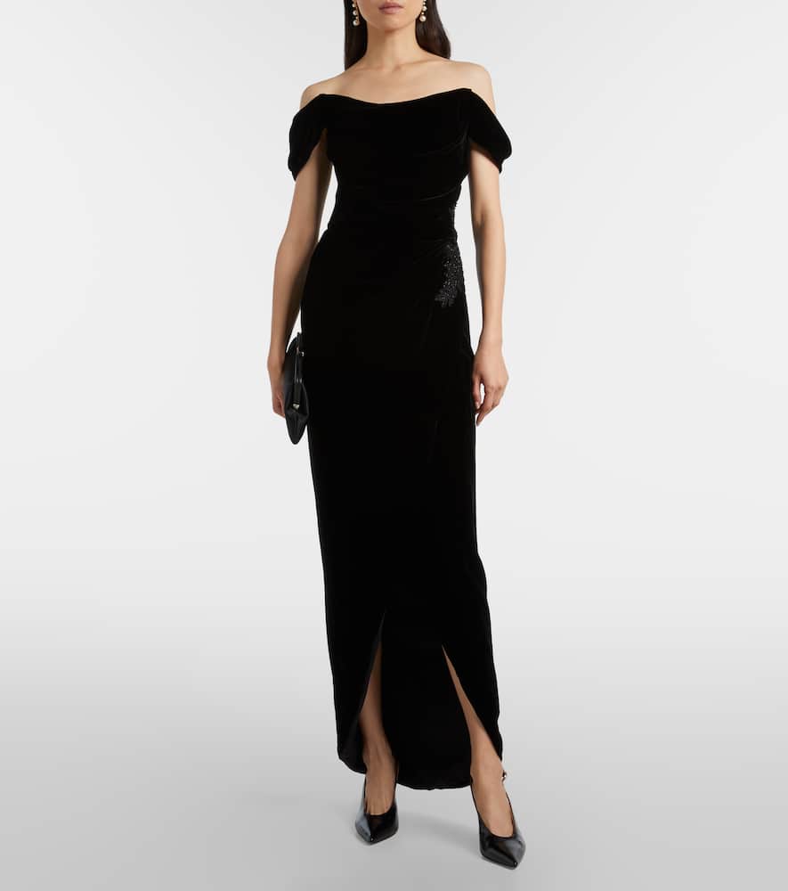 Embellished off-shoulder velvet gown
